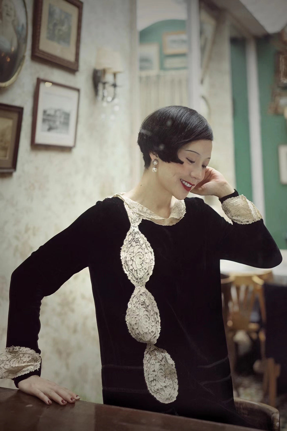1920s|Asymmetric Lace Art Deco Velvet Dress