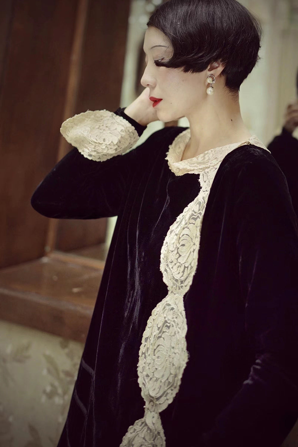 1920s|Asymmetric Lace Art Deco Velvet Dress
