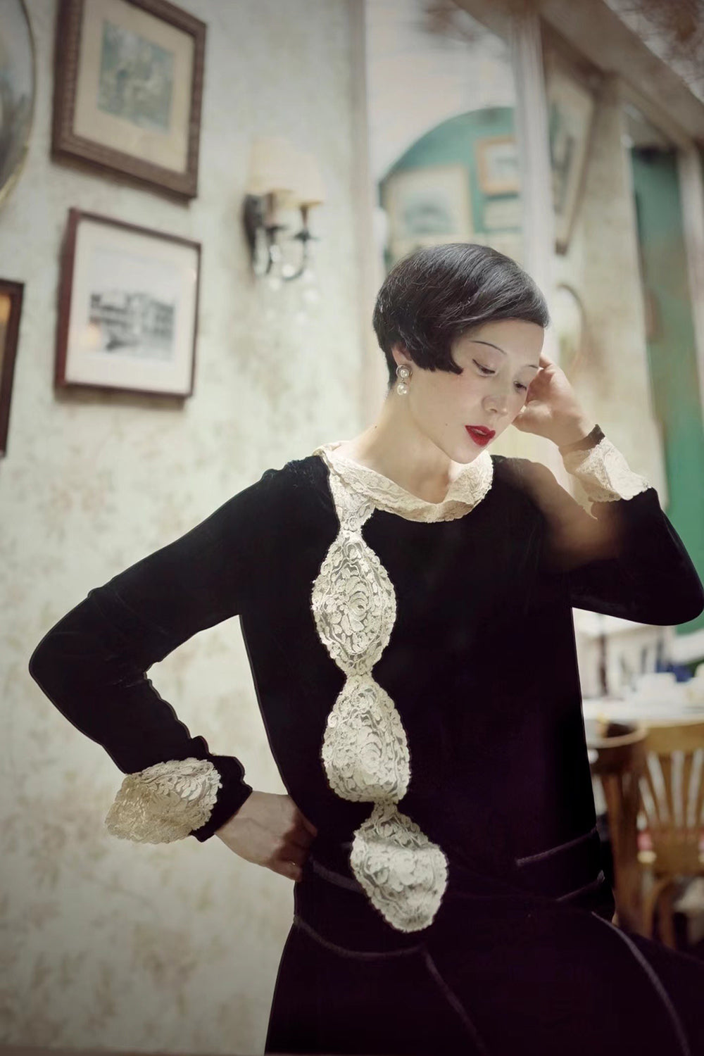 1920s|Asymmetric Lace Art Deco Velvet Dress