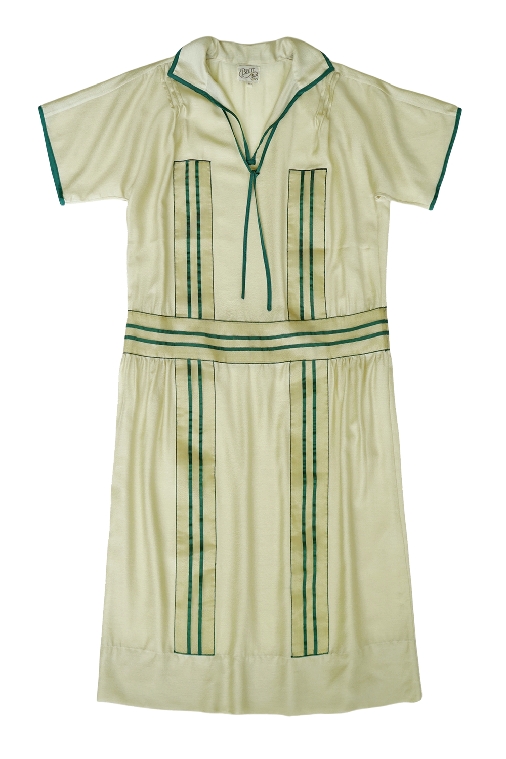 1920s|Green striped woven ribbon dress