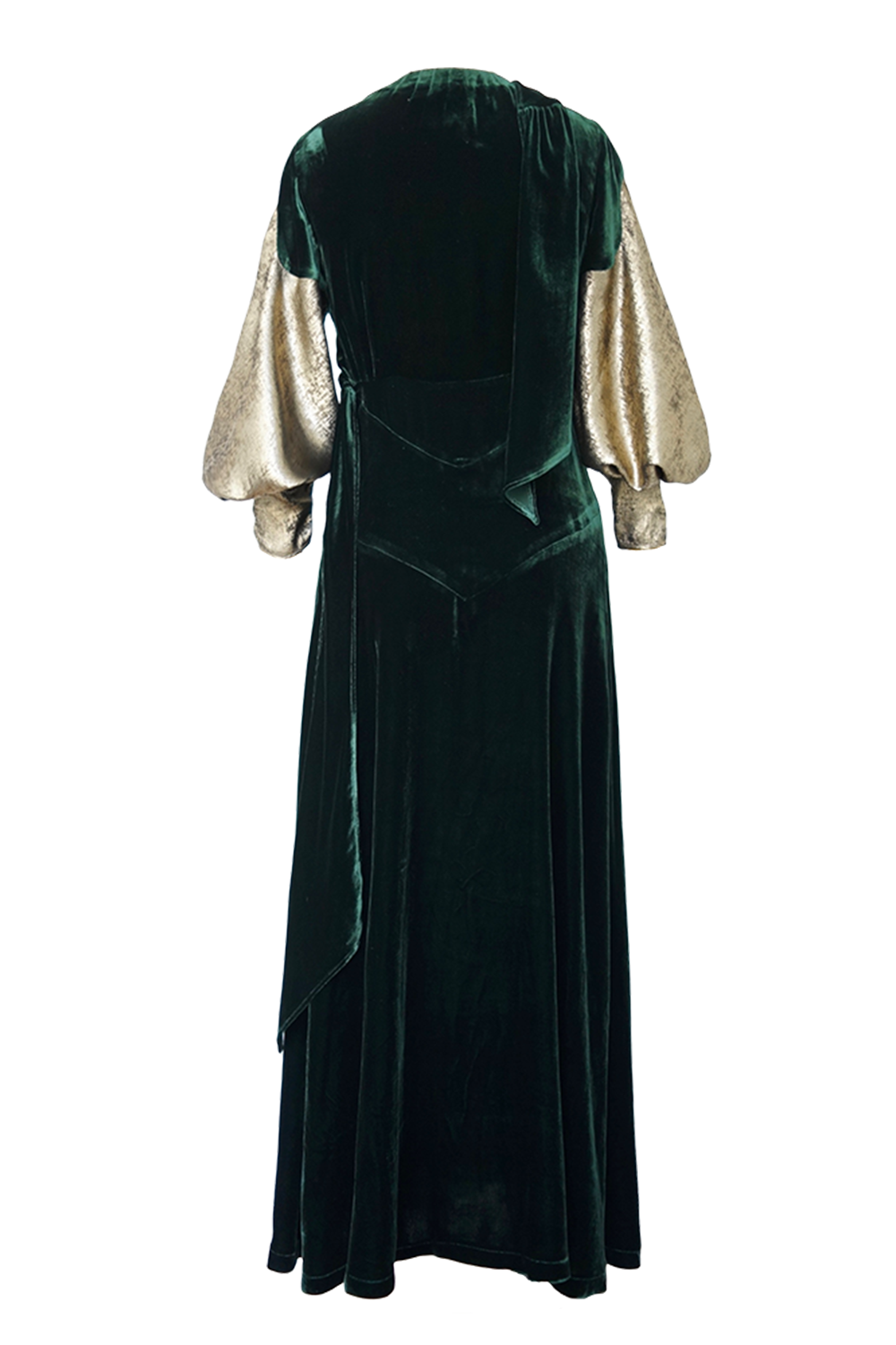 1930s|Gold-Sleeved Green Velvet Evening Gown