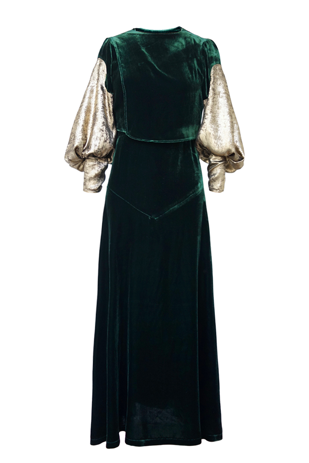 1930s|Gold-Sleeved Green Velvet Evening Gown