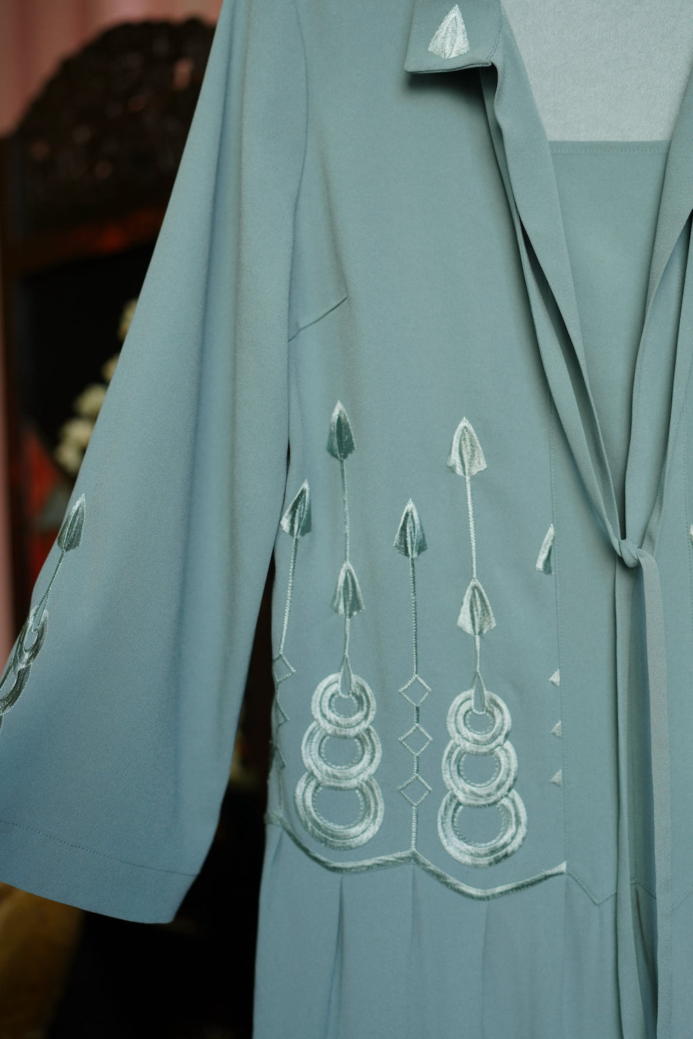 1920s|Art Deco Sage Green Embroidered Dress