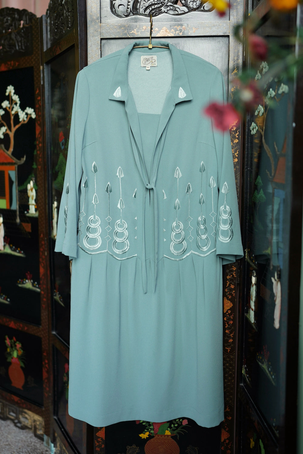 1920s|Art Deco Sage Green Embroidered Dress