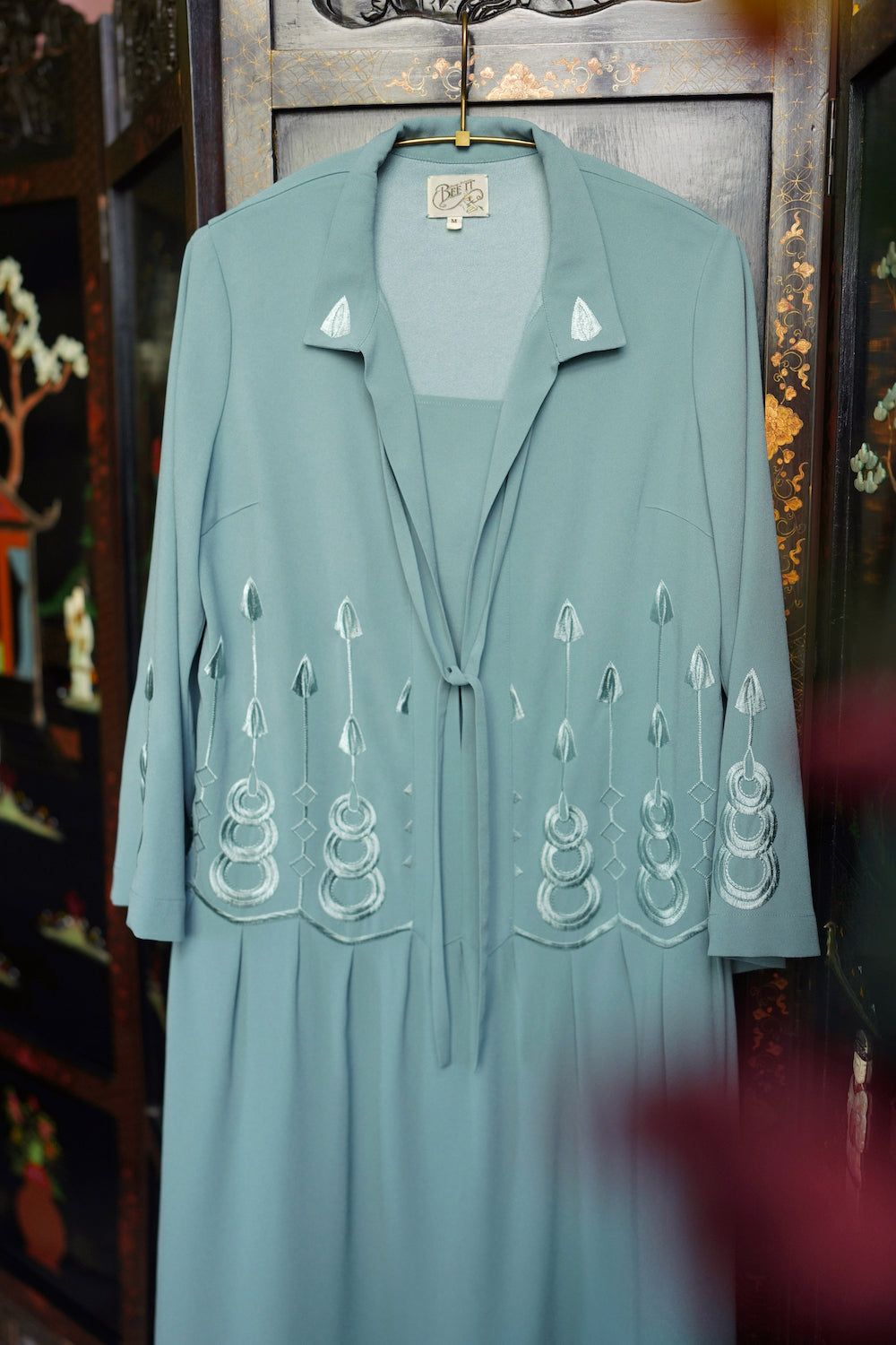 1920s|Art Deco Sage Green Embroidered Dress