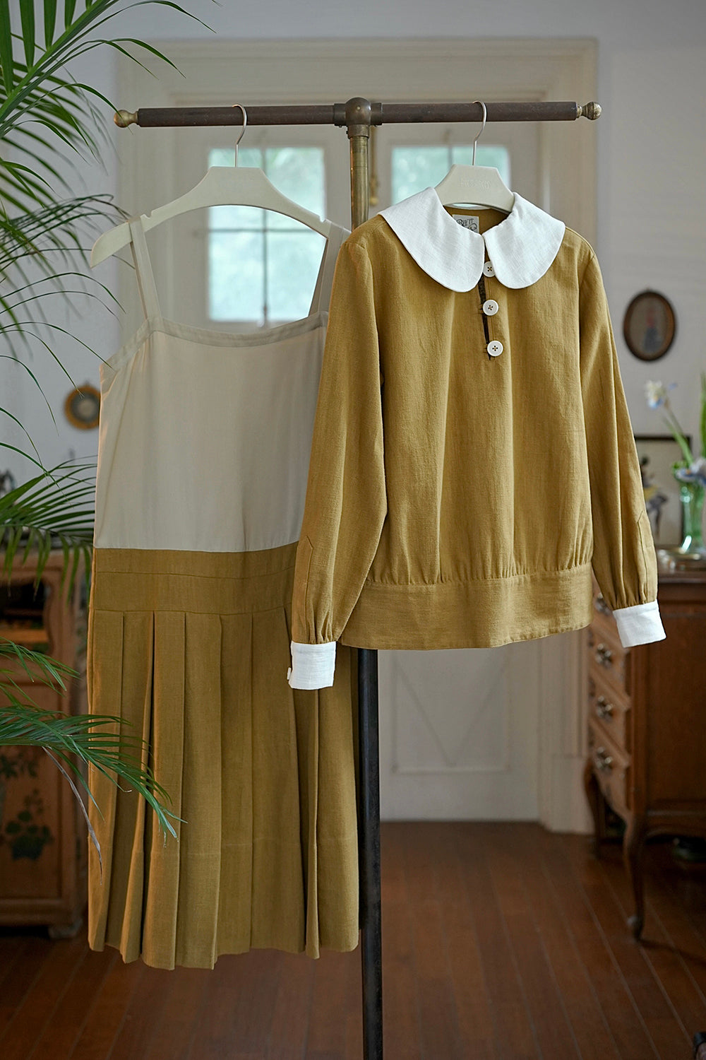 1920s |Doll-Collar Pleated Dress Set (Black&Yellow)