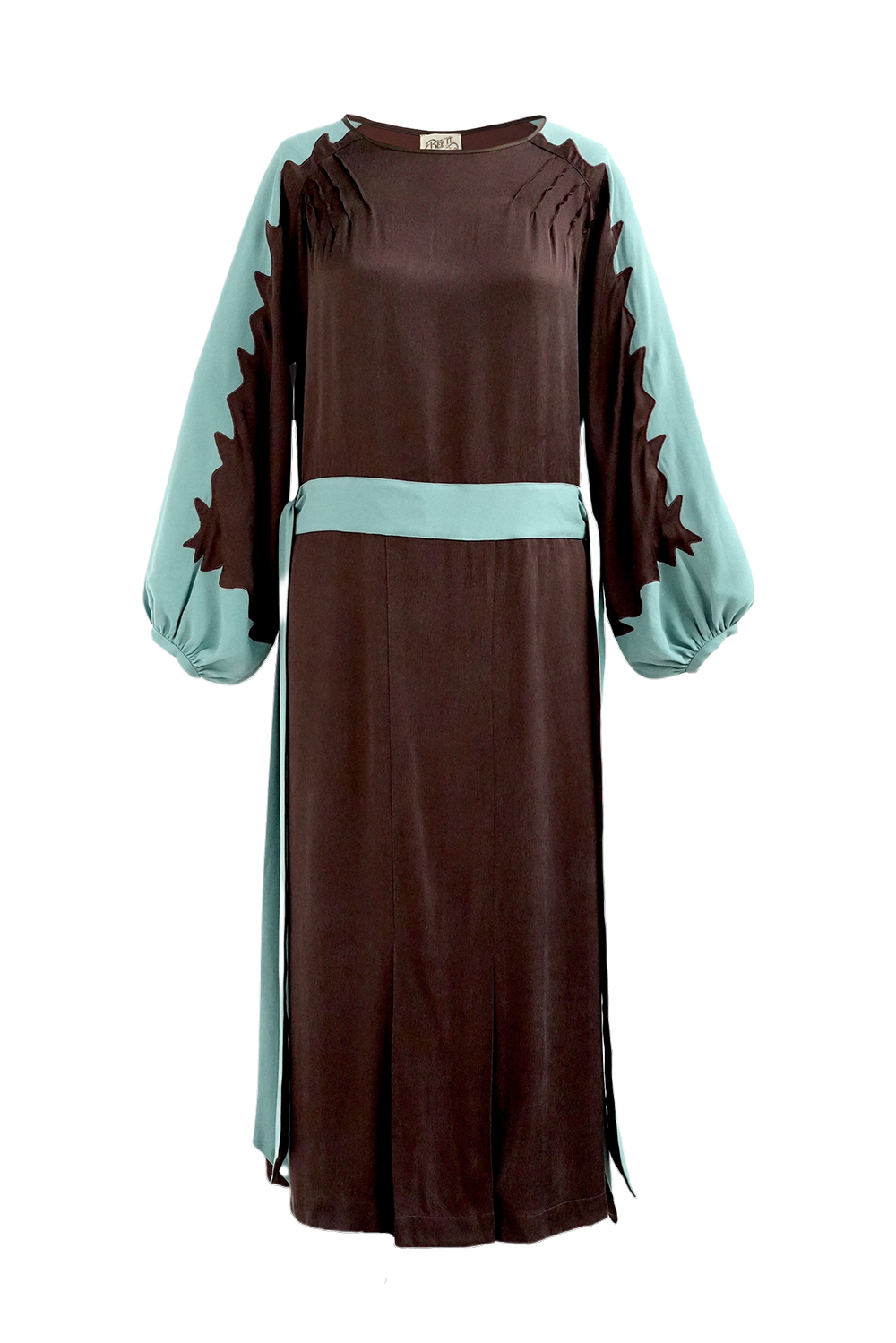 1920s|Wave-embroidered Color-block Sleeve Dress