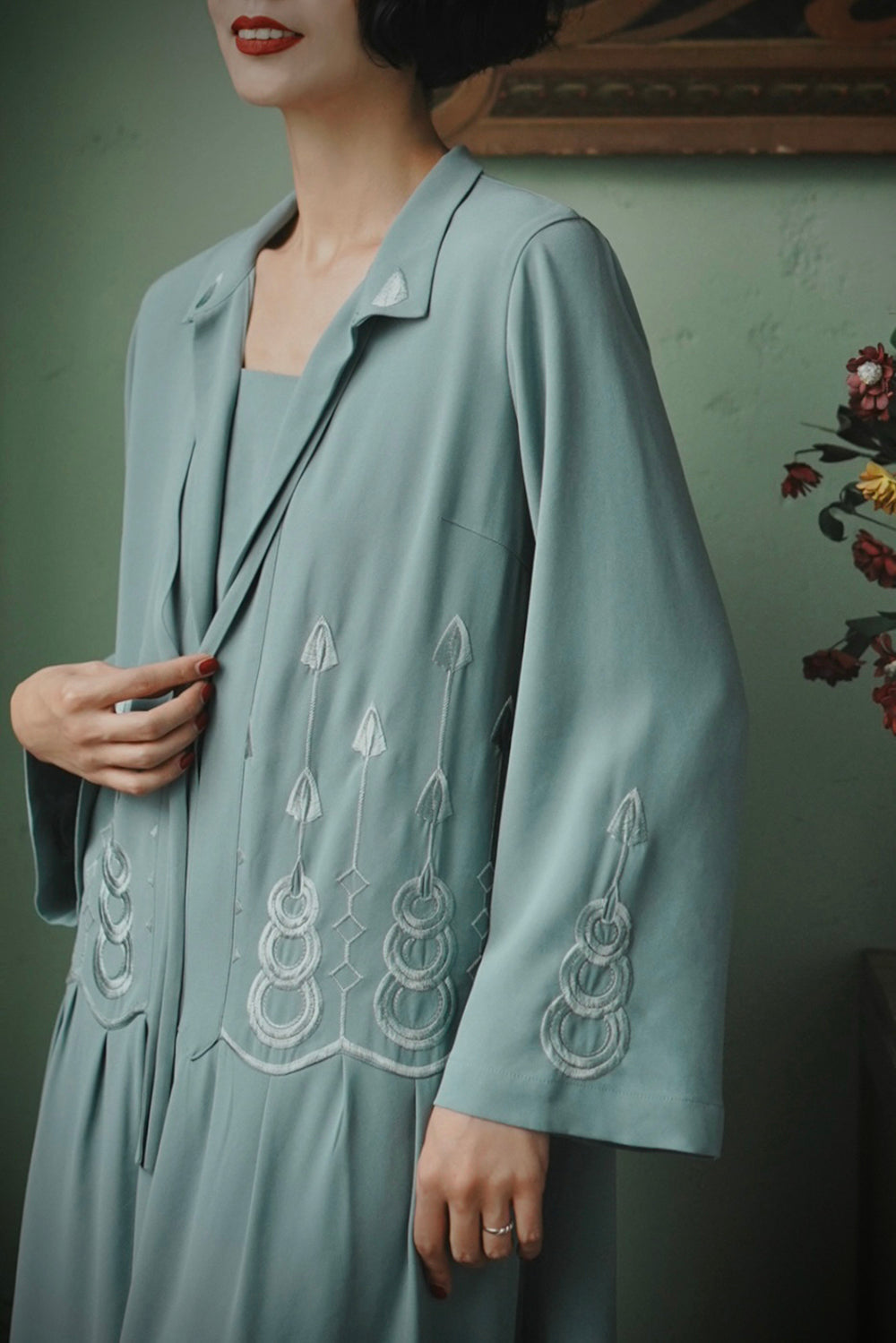 1920s|Art Deco Sage Green Embroidered Dress
