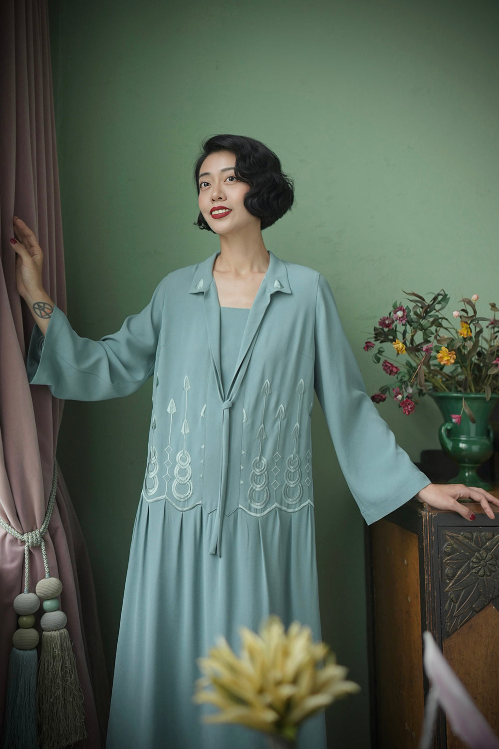 1920s|Art Deco Sage Green Embroidered Dress