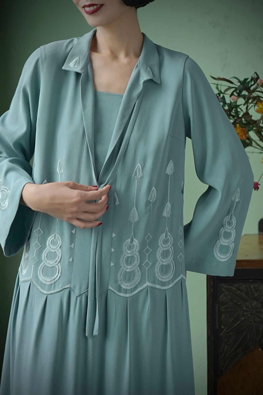 1920s|Art Deco Sage Green Embroidered Dress