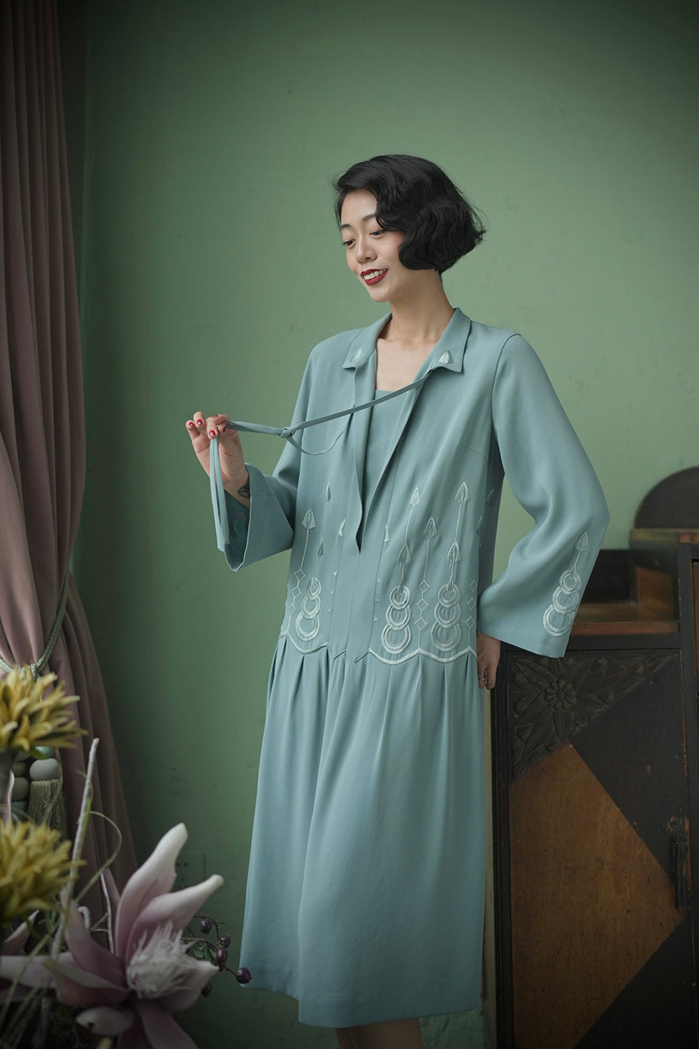 1920s|Art Deco Sage Green Embroidered Dress