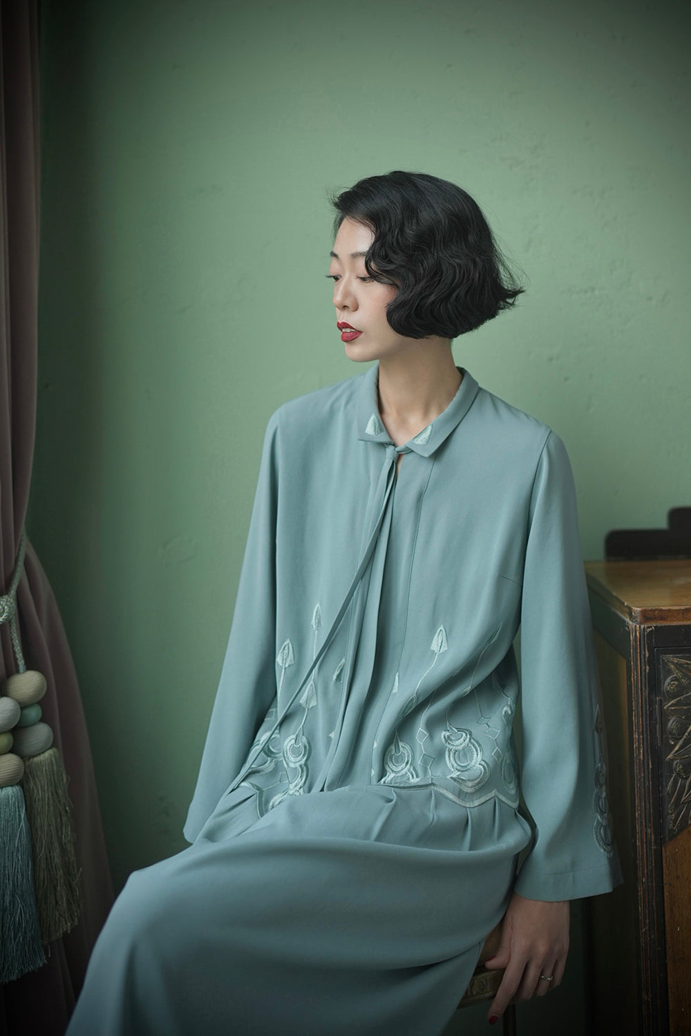 1920s|Art Deco Sage Green Embroidered Dress