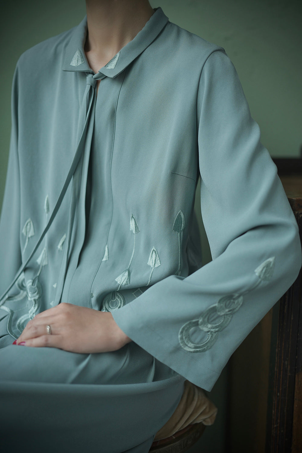 1920s|Art Deco Sage Green Embroidered Dress