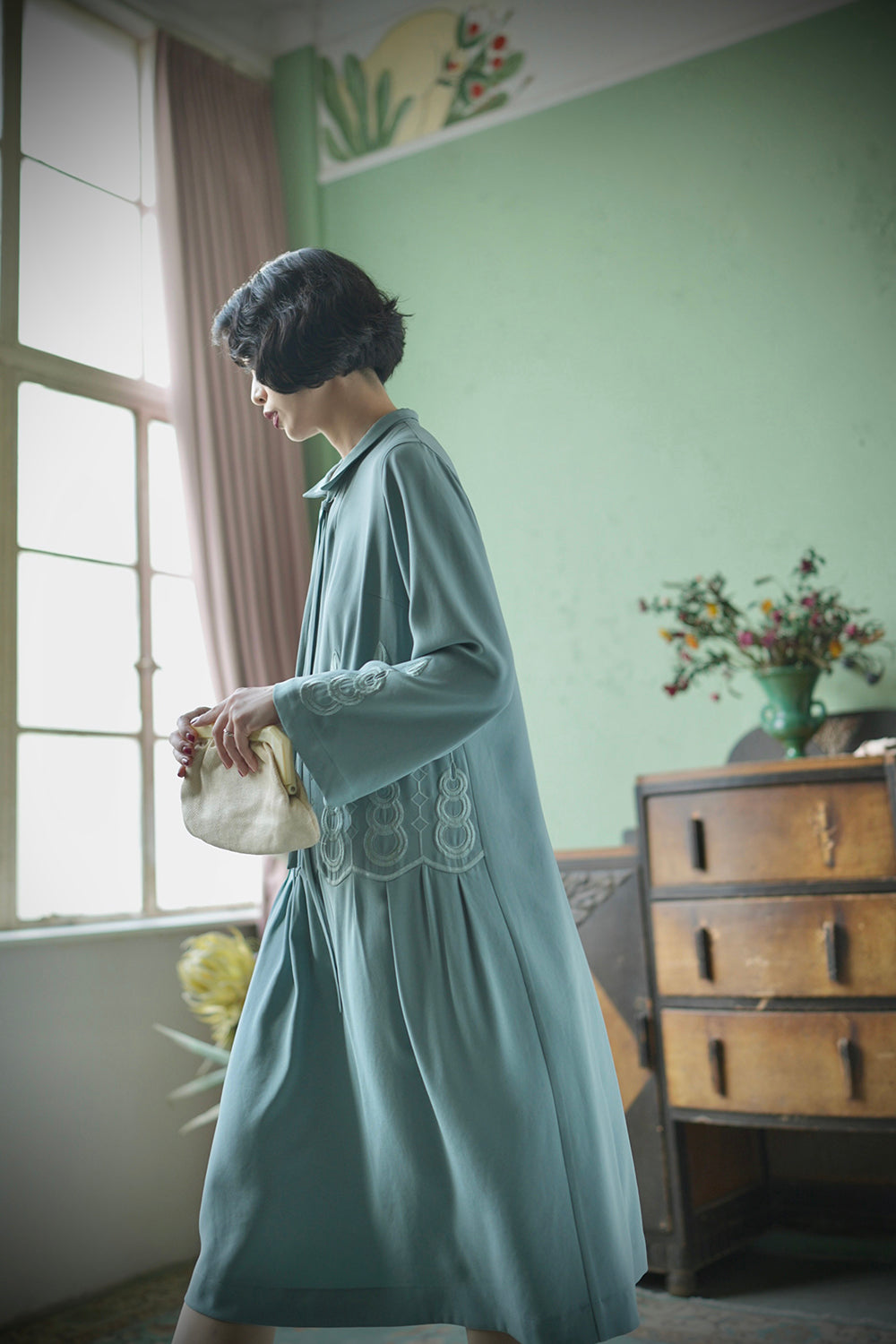 1920s|Art Deco Sage Green Embroidered Dress