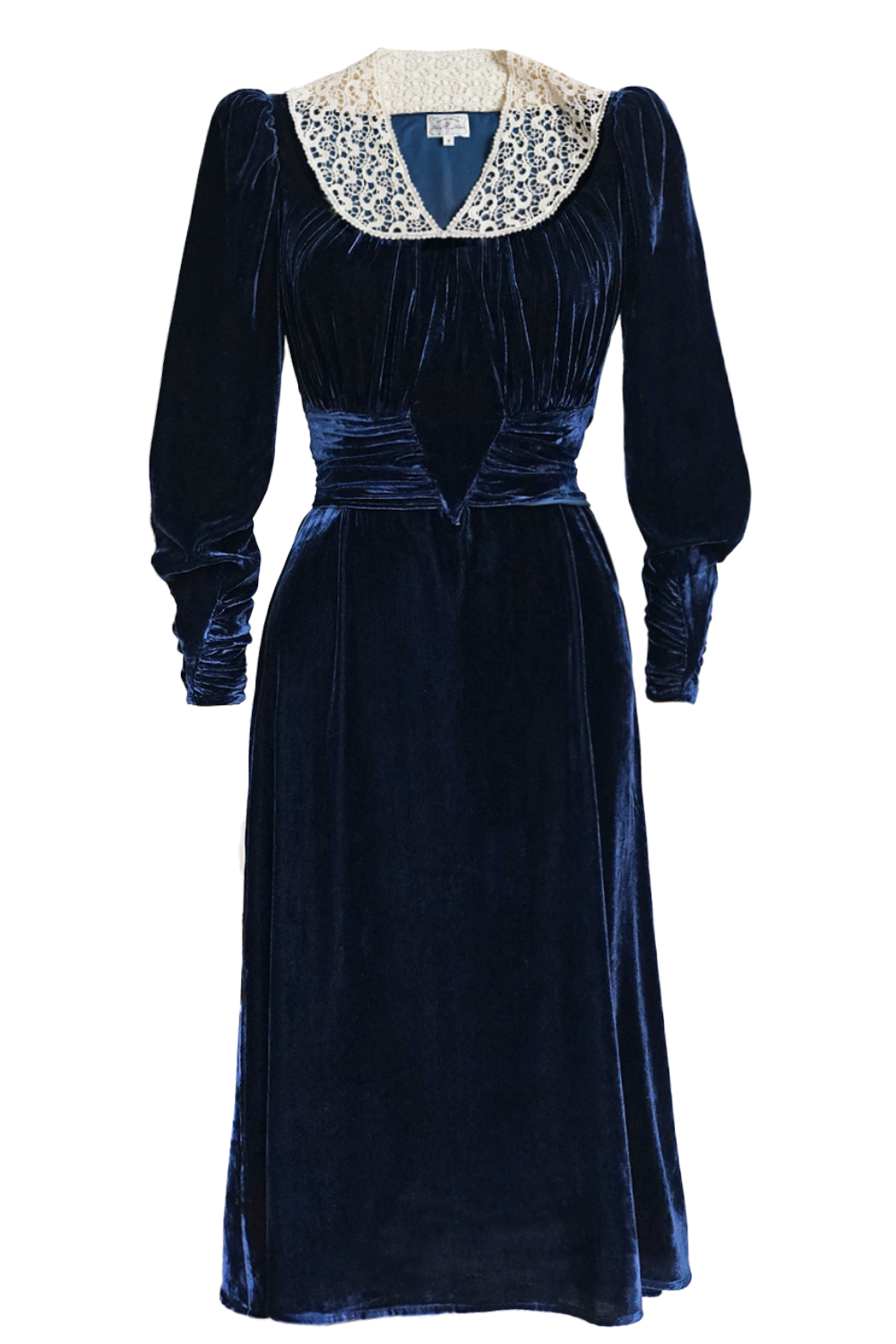 1930s|Lace V-Neck Blue Velvet Dress