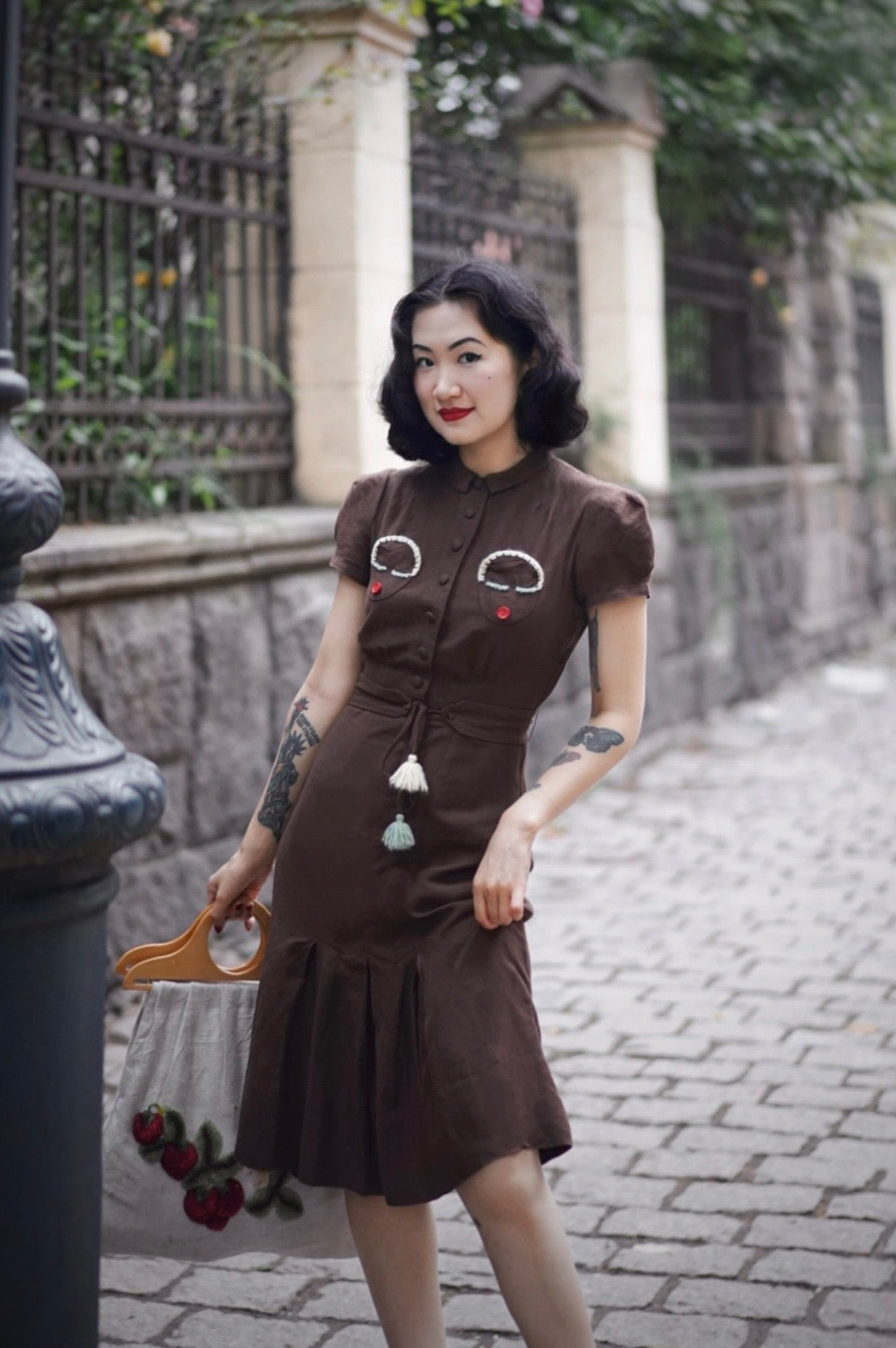 1930s|Doll Head Embroidered Dress(Brown)