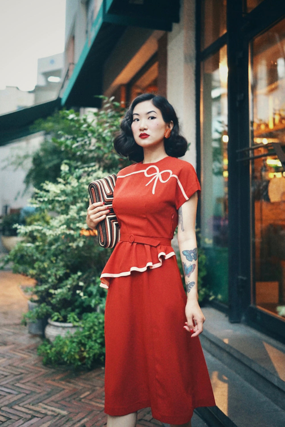 1940s|Bows Peplum Dress(Orange / Navy)