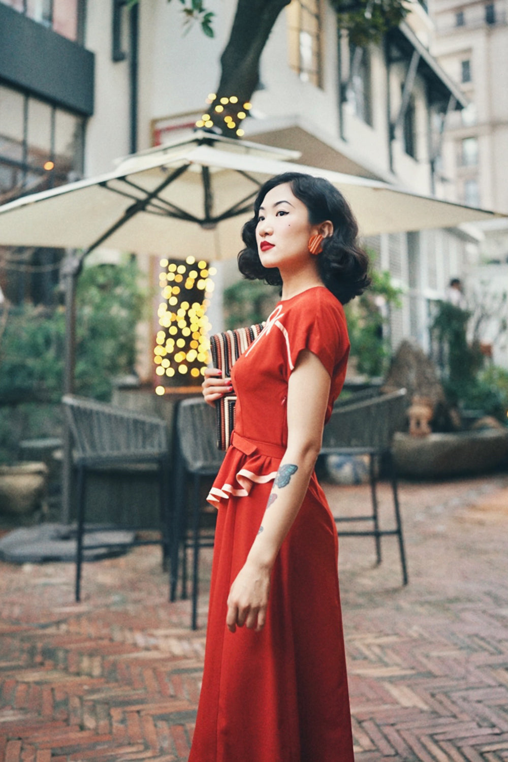 1940s|Bows Peplum Dress(Orange / Navy)