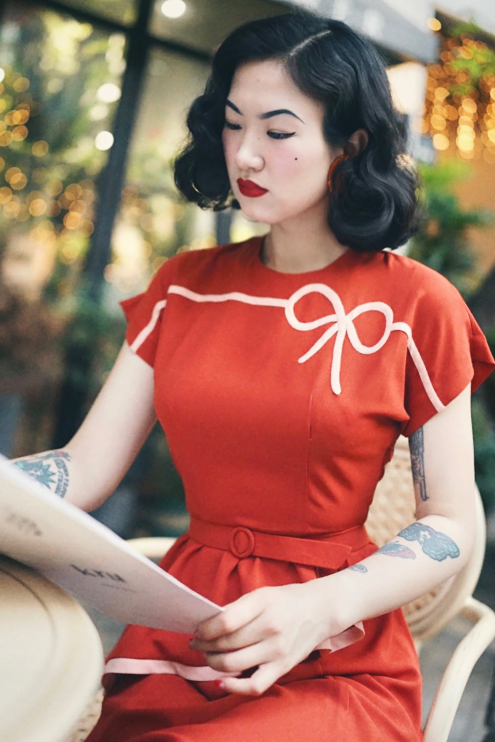 1940s|Bows Peplum Dress(Orange / Navy)