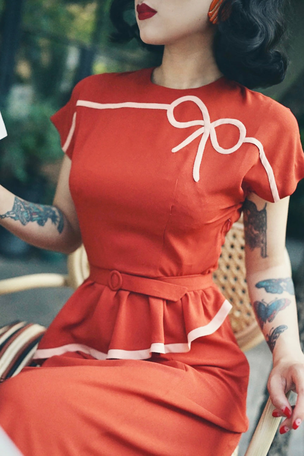 1940s|Bows Peplum Dress(Orange / Navy)