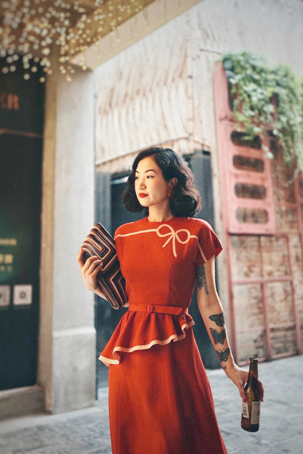 1940s|Bows Peplum Dress(Orange / Navy)