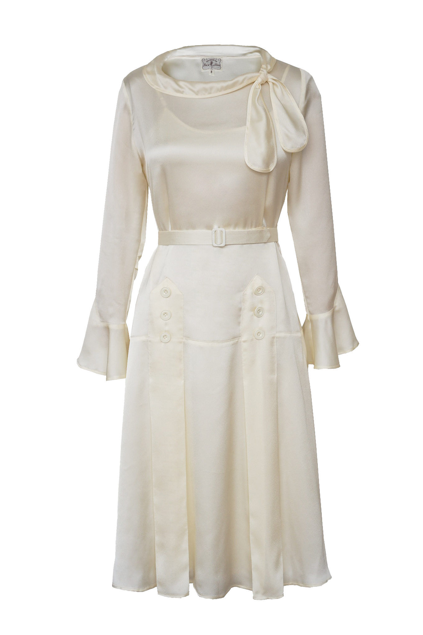 1930s｜Pearlescent Satin Ruffle Sleeve High-Waisted Dress