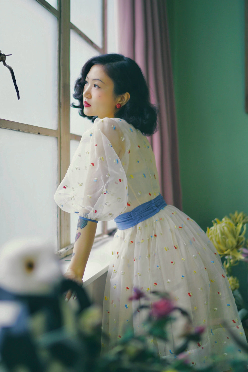 1950s｜Cherry Embroidered Organza Dress