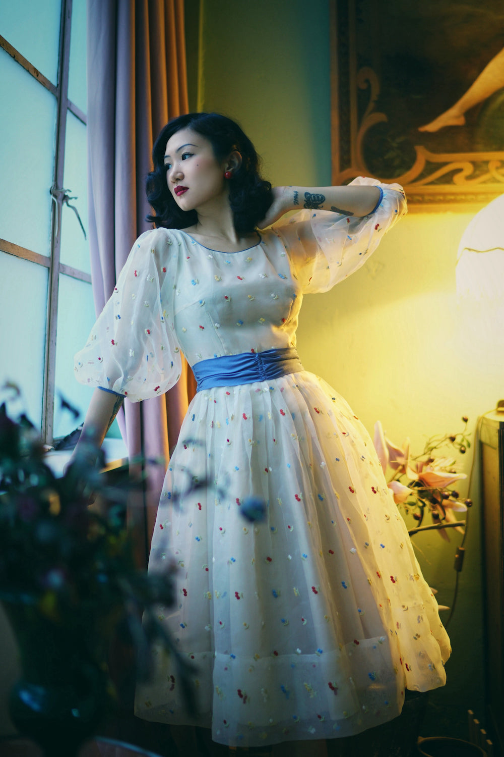 1950s｜Cherry Embroidered Organza Dress