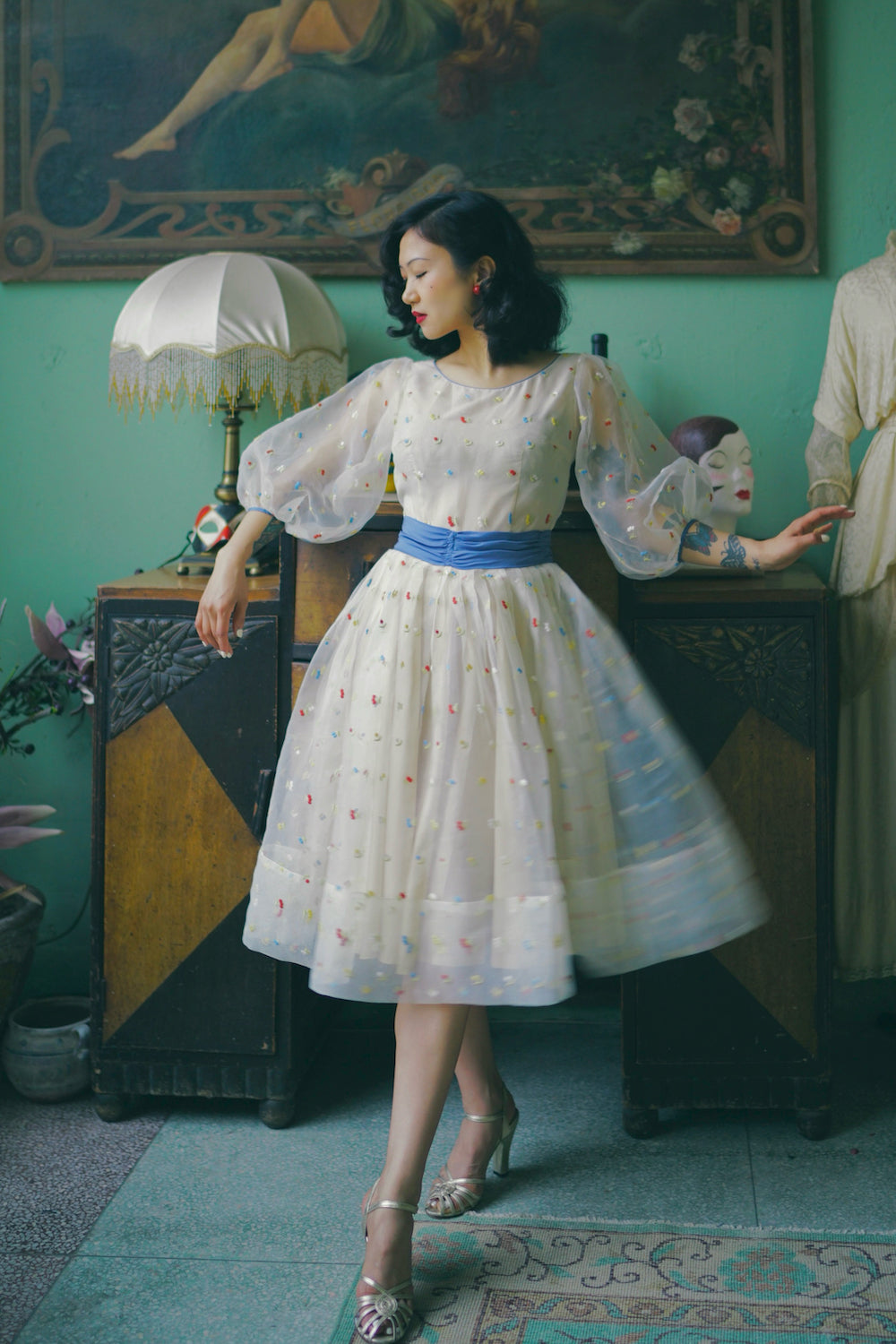 1950s｜Cherry Embroidered Organza Dress