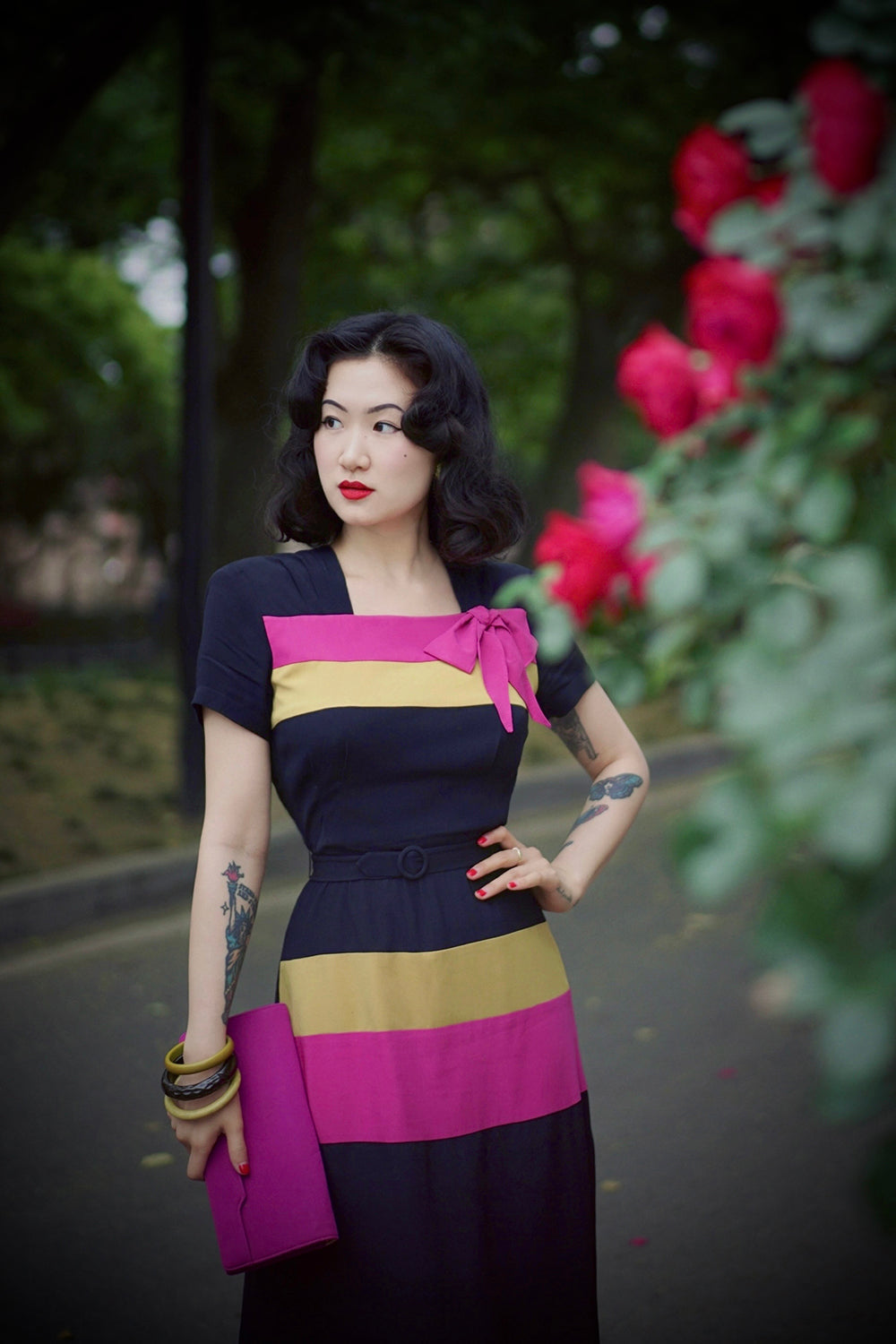 1940s｜Color-Block Bow-Decorated Dress