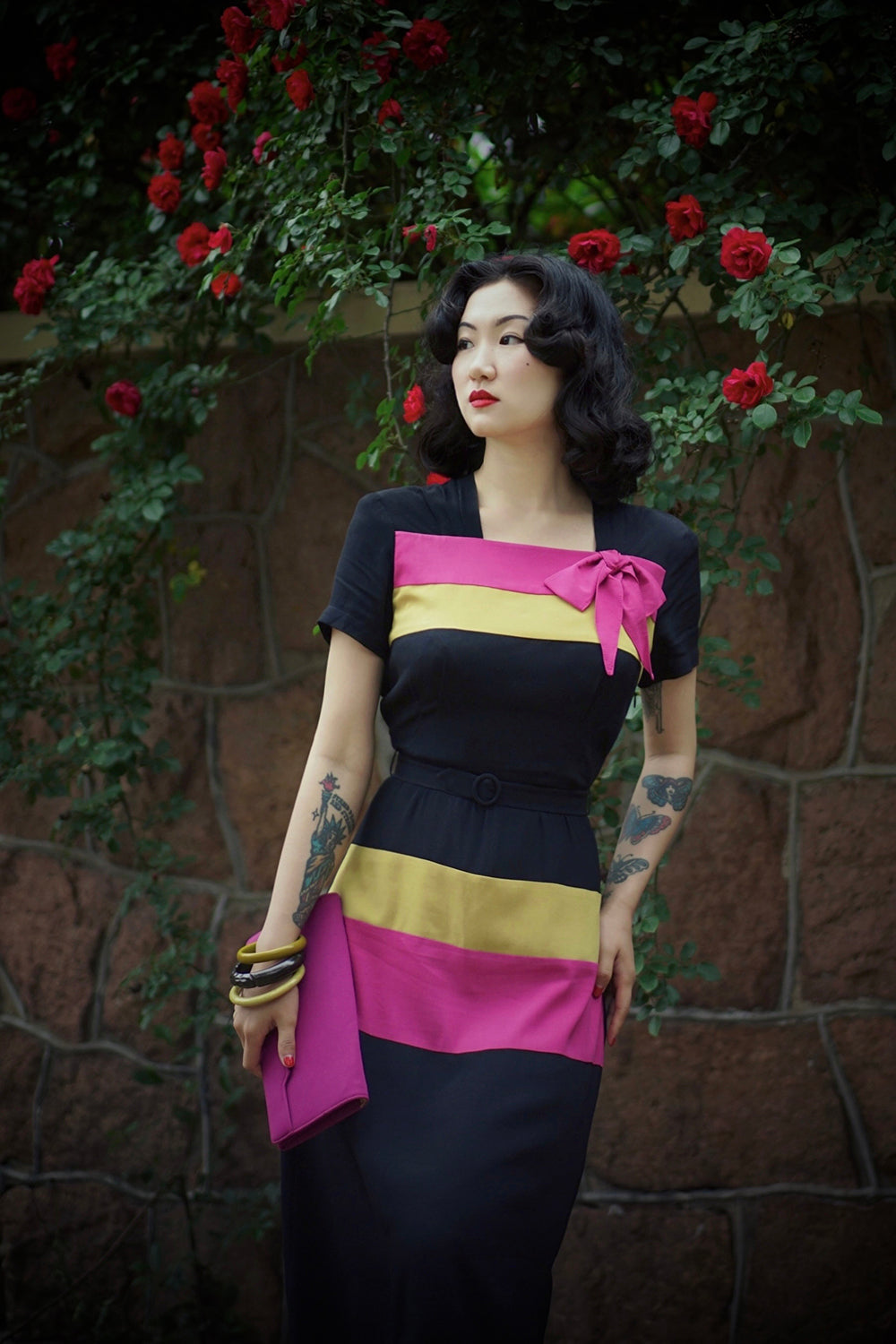 1940s｜Color-Block Bow-Decorated Dress