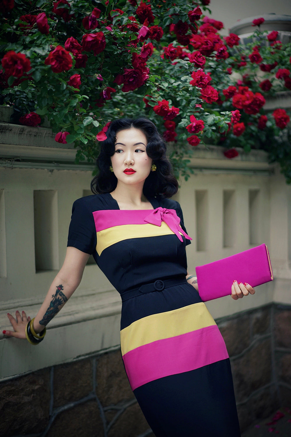 1940s｜Color-Block Bow-Decorated Dress