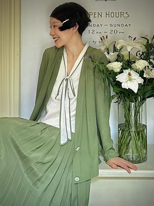 1920s｜Lace Ribbon Green Pleated Two-Piece Set