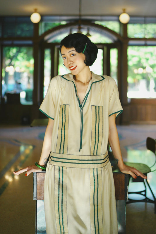 1920s｜Green striped woven ribbon dress