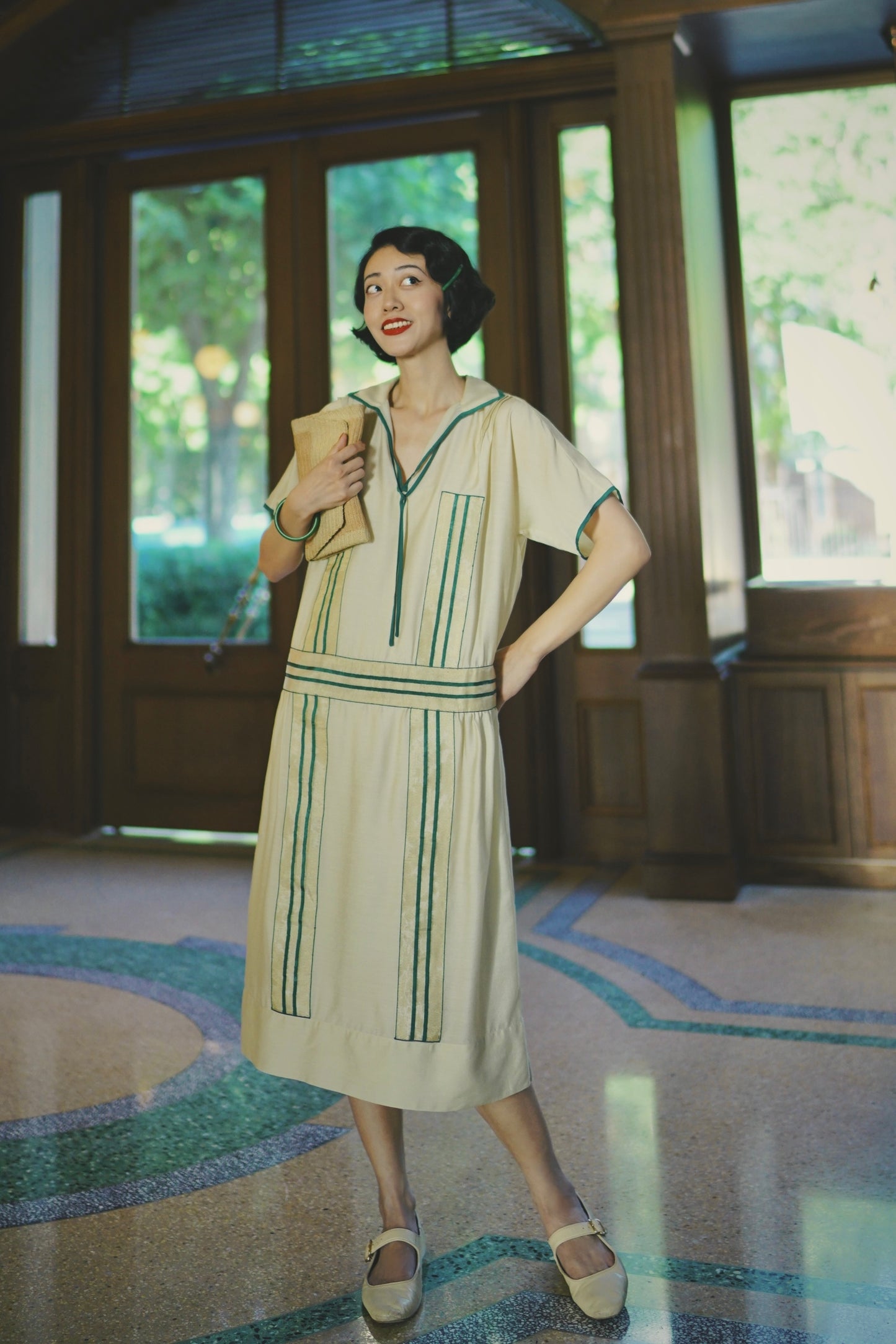 1920s｜Green striped woven ribbon dress