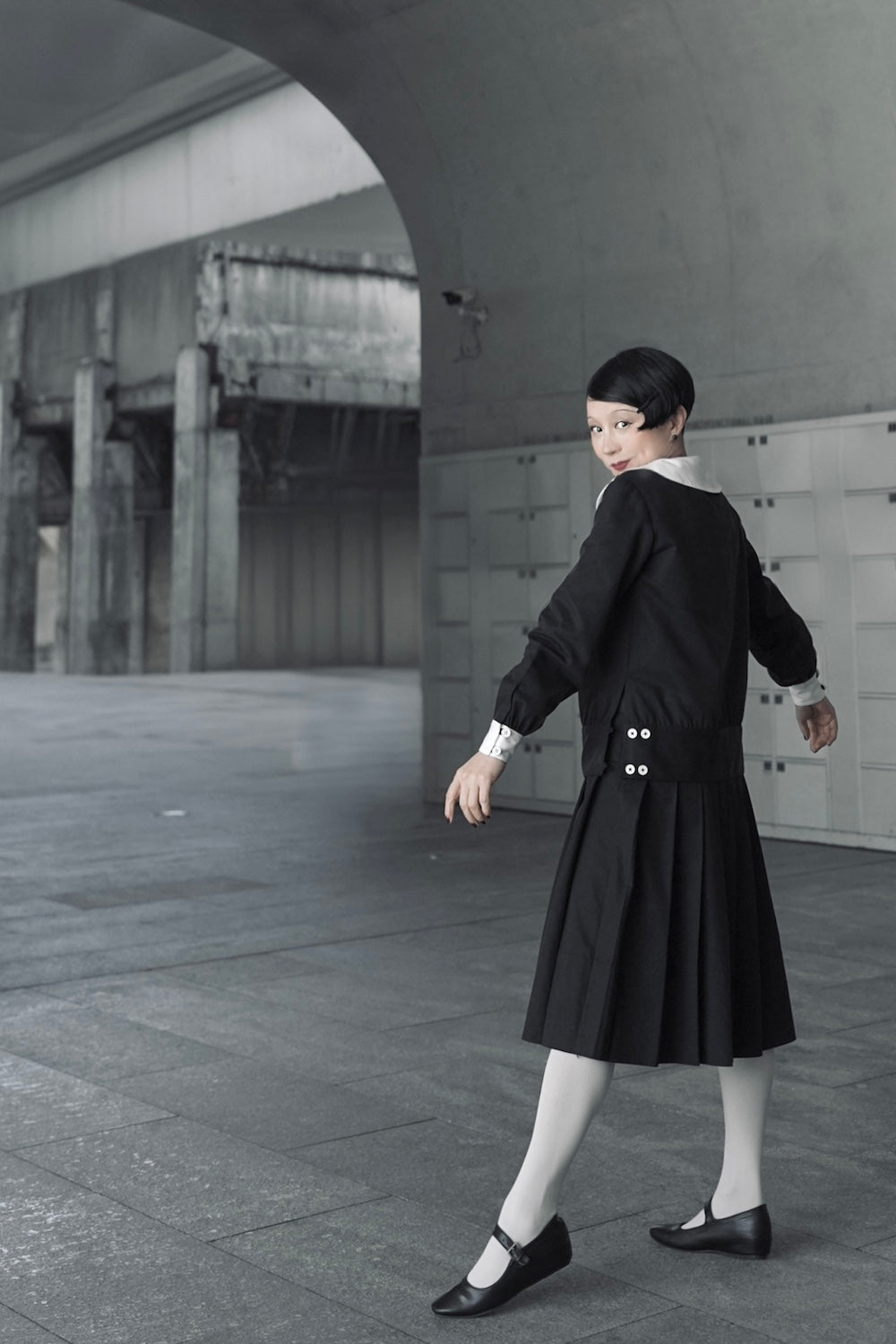 1920s ｜Doll-Collar Pleated Dress Set (Black&Yellow)