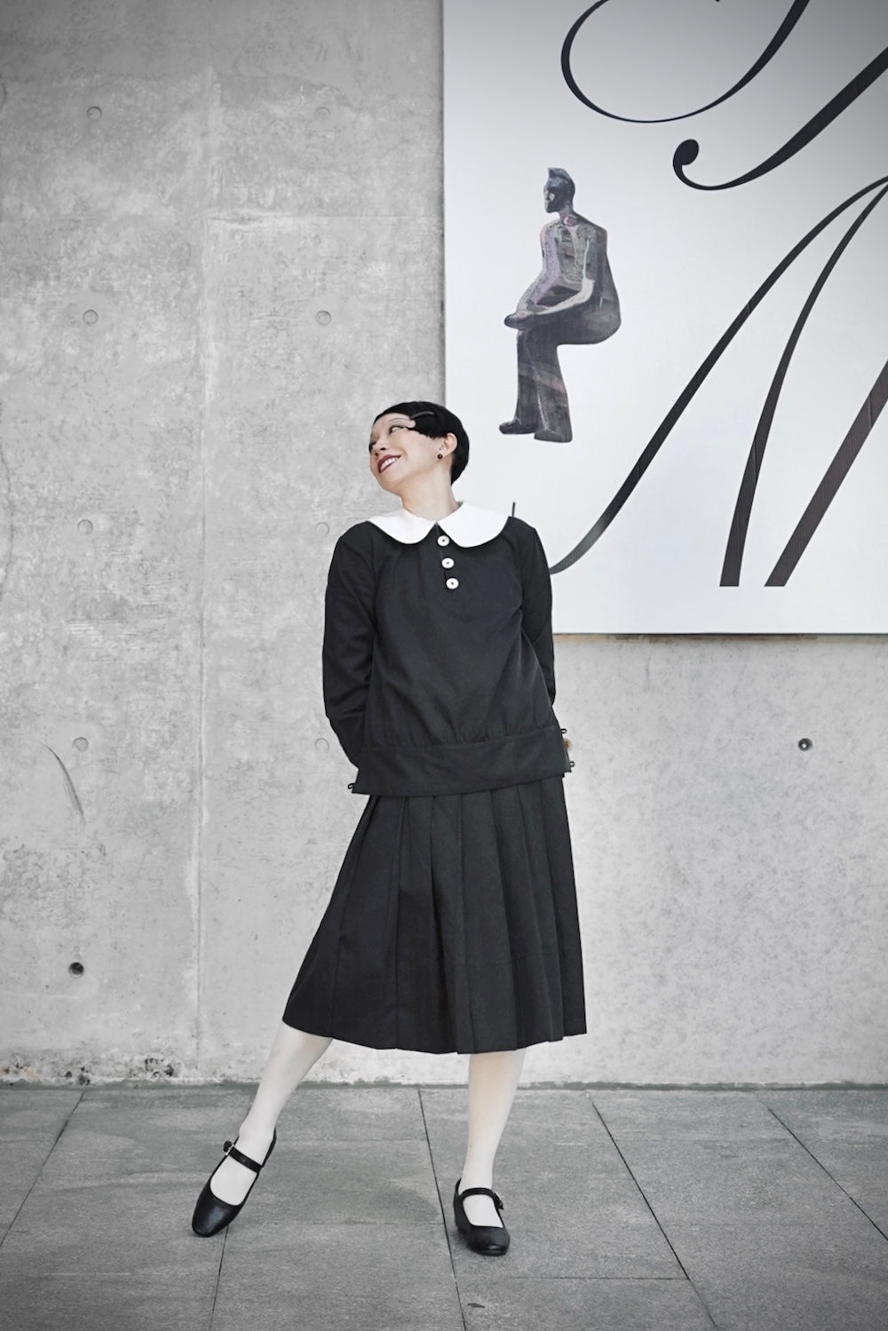 1920s ｜Doll-Collar Pleated Dress Set (Black&Yellow)