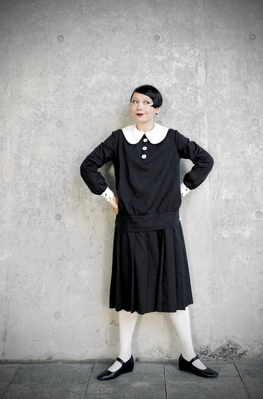 1920s ｜Doll-Collar Pleated Dress Set (Black&Yellow)