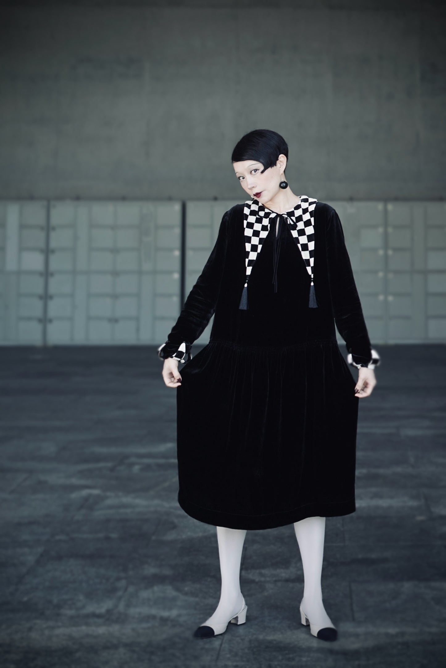 1920s｜ Black and White Checkered Velvet Dress
