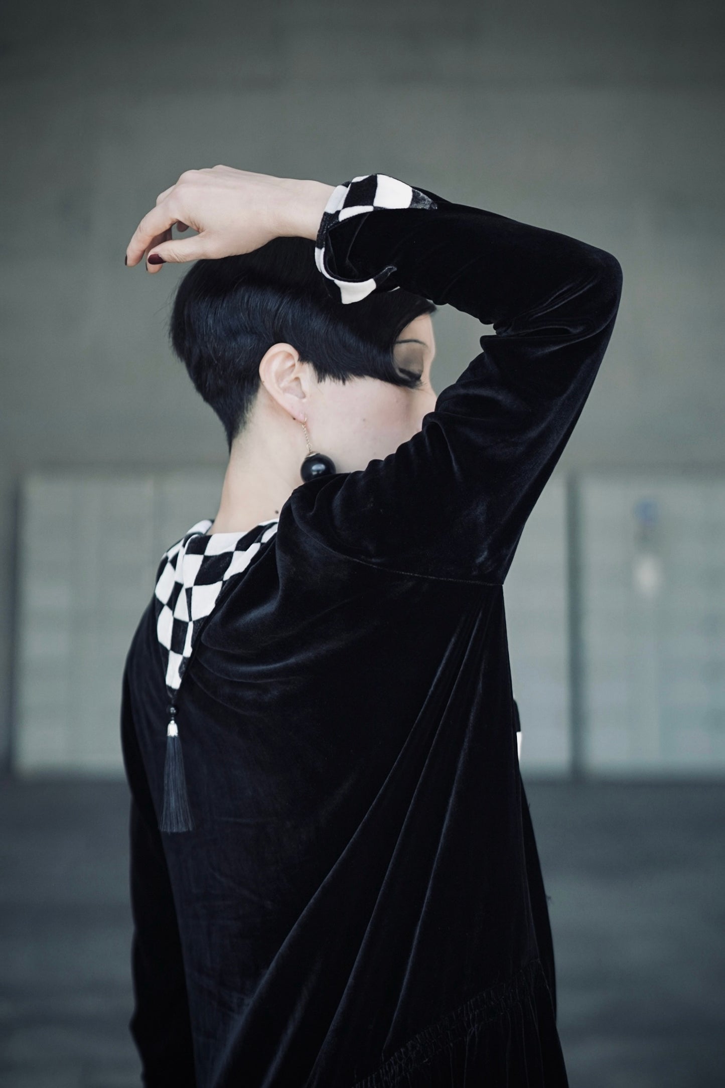 1920s｜ Black and White Checkered Velvet Dress