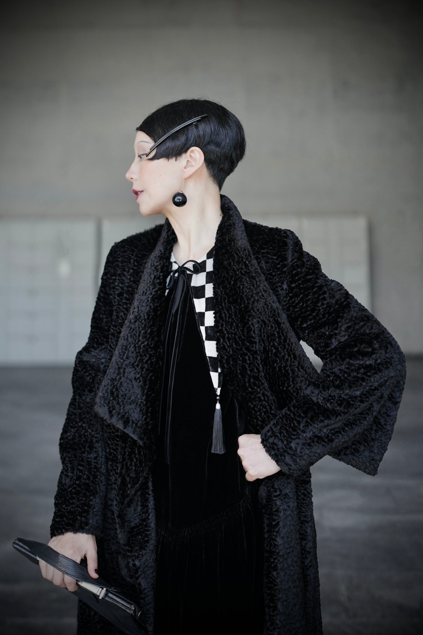 1920s｜ Black and White Checkered Velvet Dress