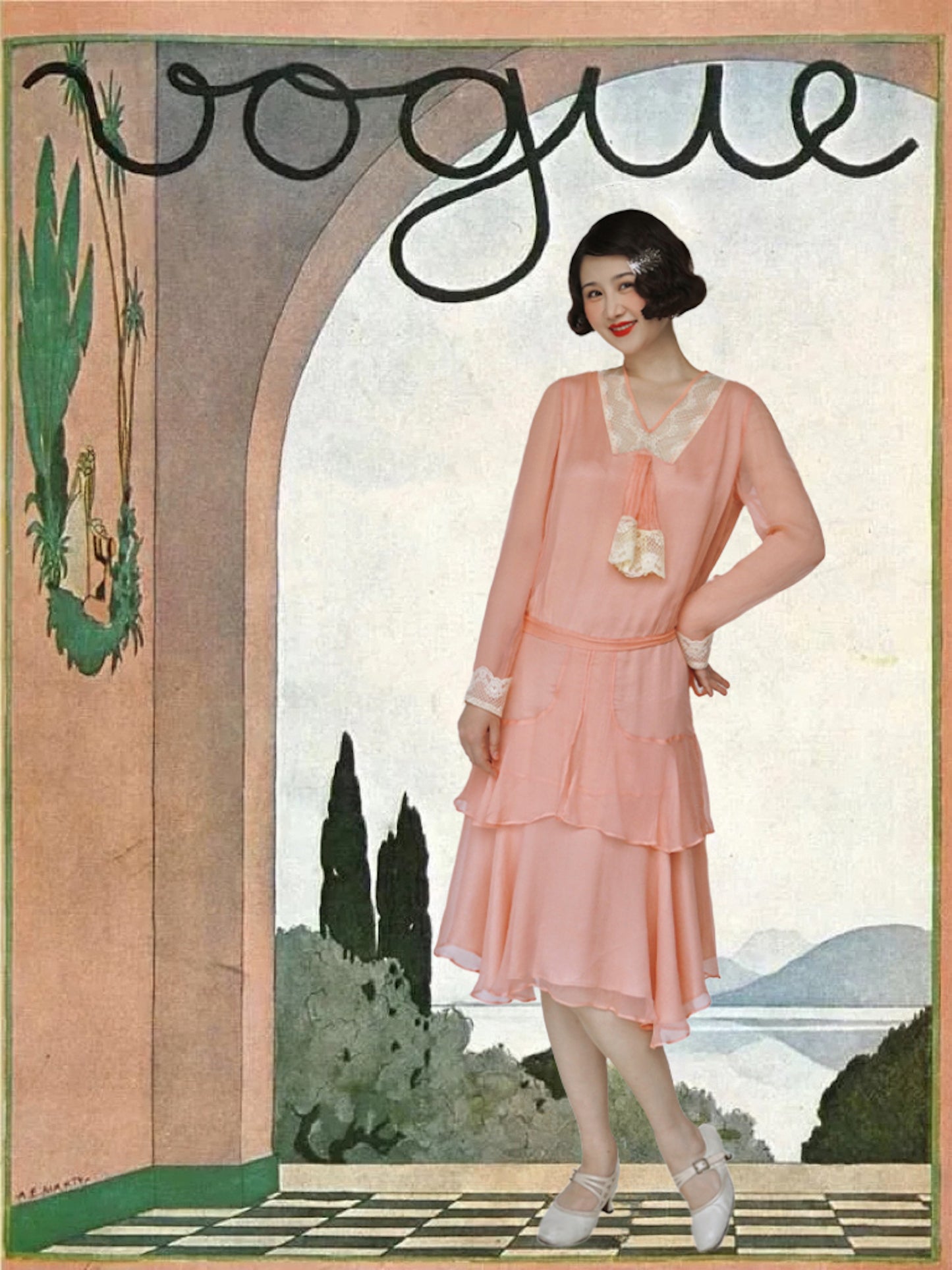 1920s | Pink Chiffon Lace Collar Dress