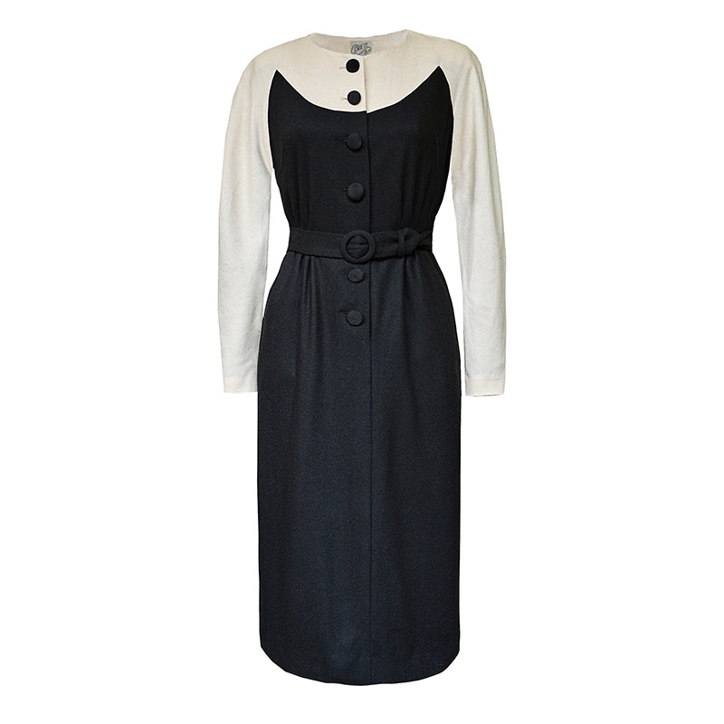 1940s｜Black and White M-shaped Color-block Dress