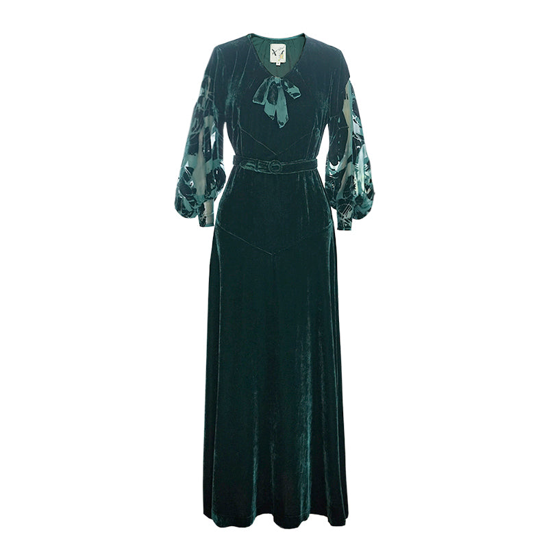 1930s｜Burned-Out Velvet Green Gown with Gigot Sleeves