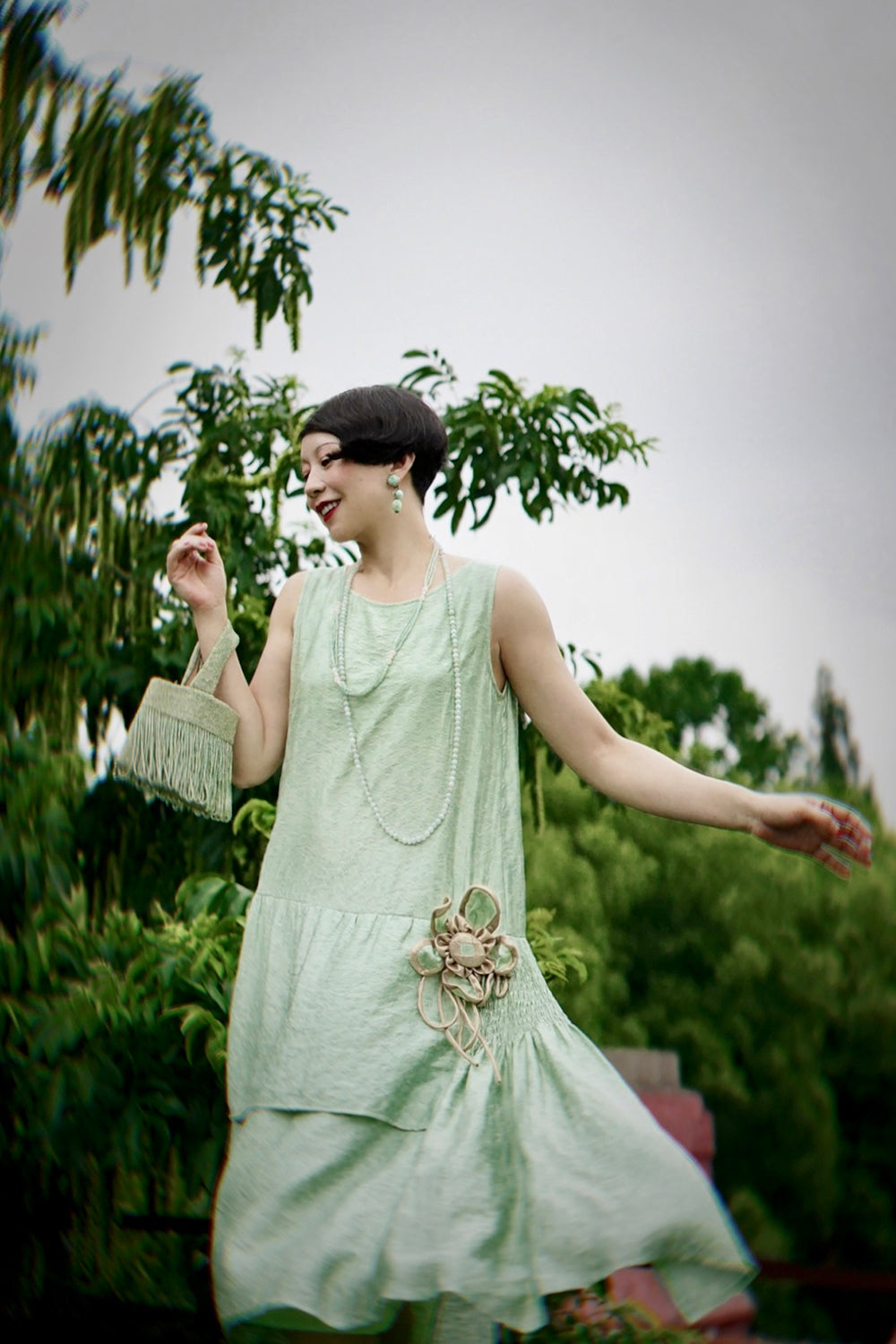1920s Green flower flapper dress S