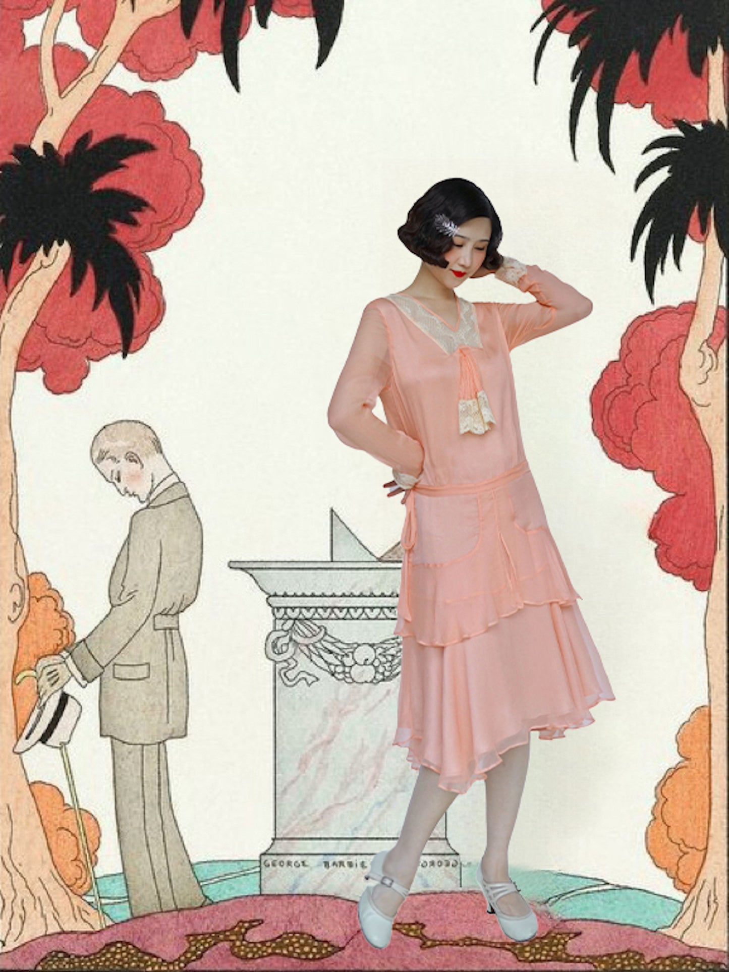 1920s | Pink Chiffon Lace Collar Dress