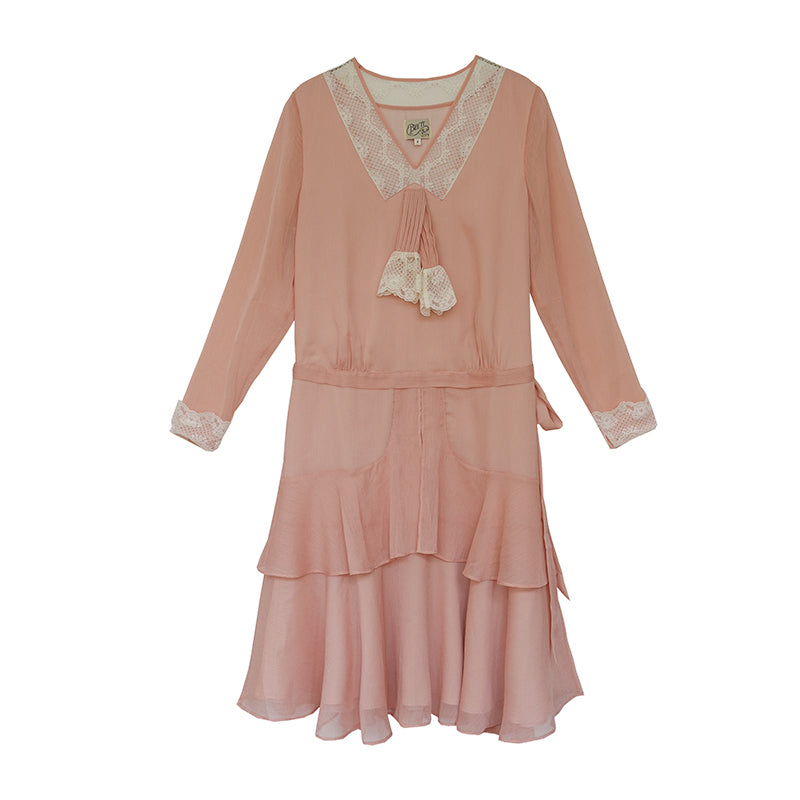 1920s | Pink Chiffon Lace Collar Dress
