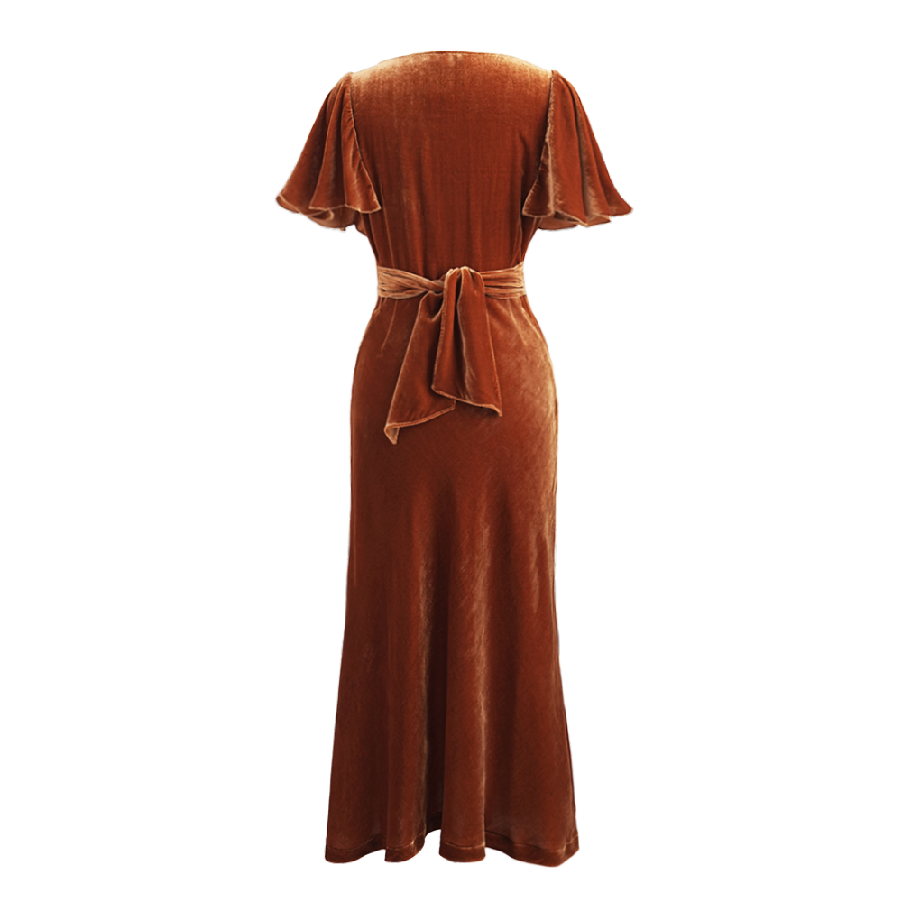 1930s|Cap Sleeve Velvet Asymmetrical Dress (Orange) – Bee's Knees 1930s|Cap Sleeve Velvet Asymmetrical Dress (Orange) – Bee's Knees