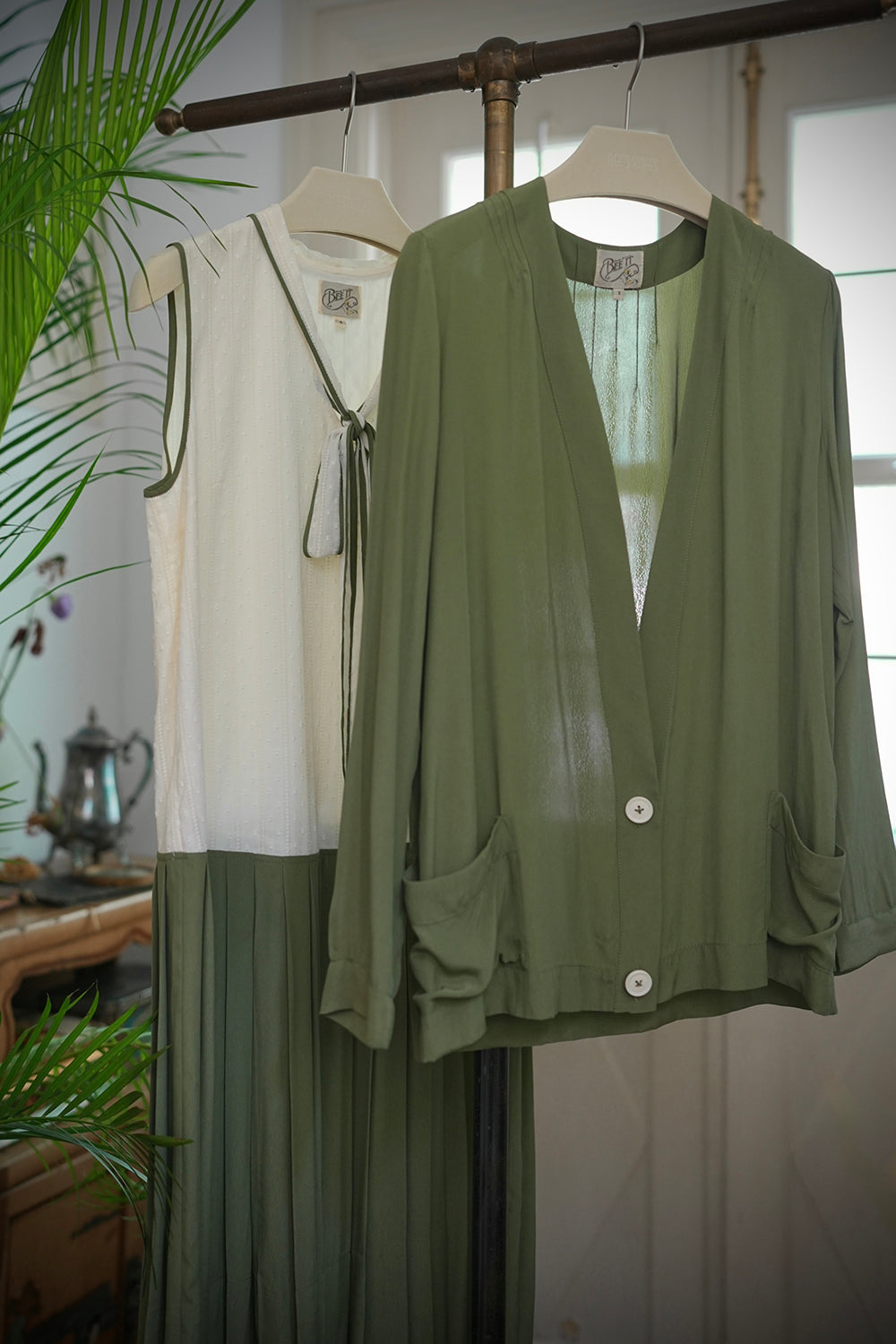 1920s｜Lace Ribbon Green Pleated Two-Piece Set