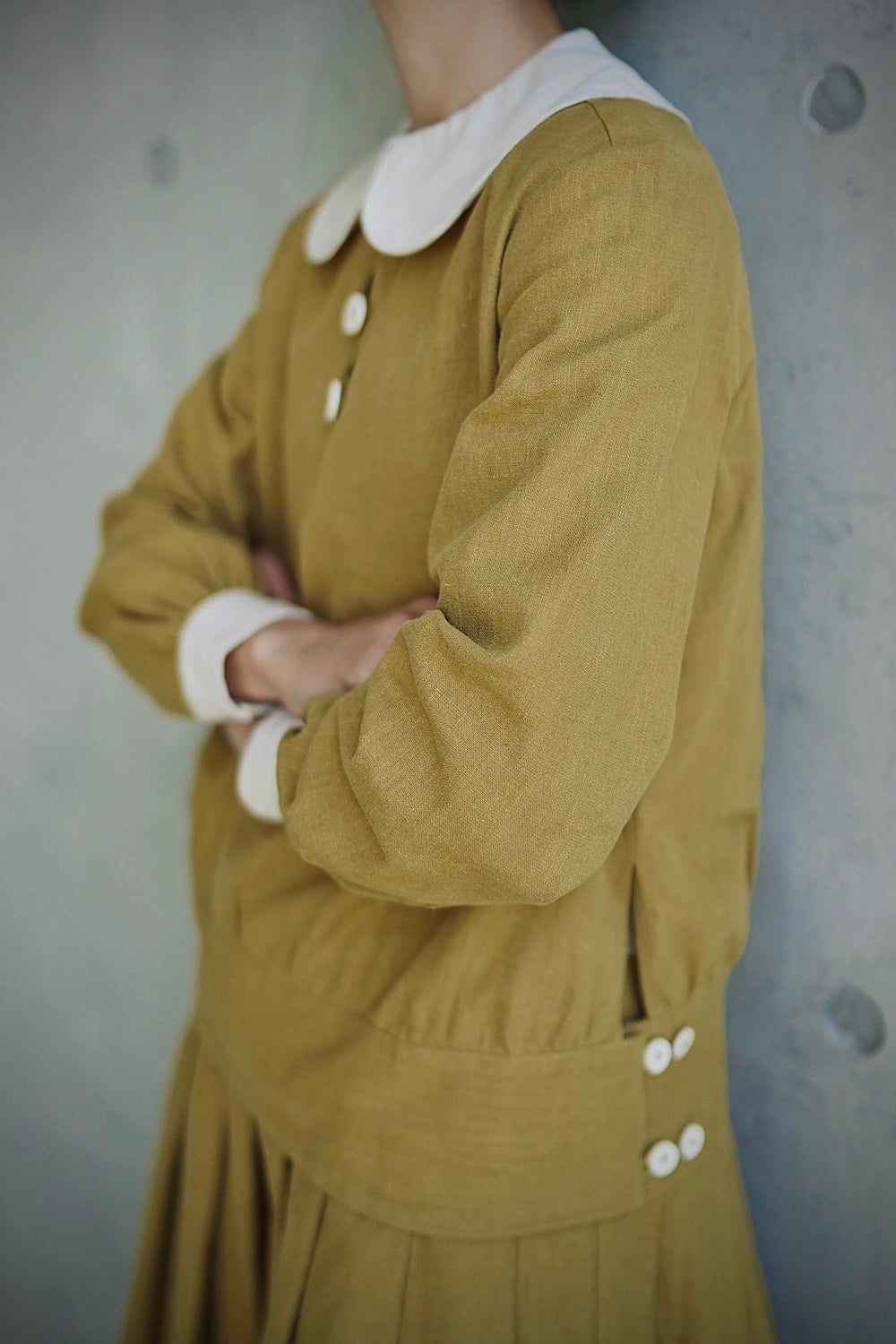 1920s ｜Doll-Collar Pleated Dress Set (Black&Yellow)